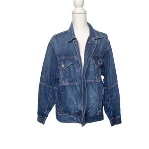 American Eagle Jean Jacket Button Zip Up Women Blue Pockets SZ Small Oversized